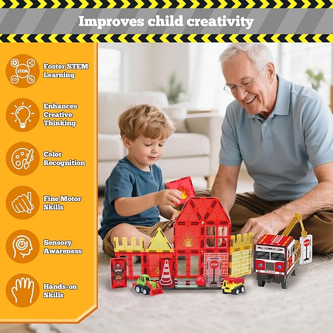 Magnetic Tiles for Kid, 56PCS Construction Magnet Tiles with Fire Truck & Station, Building, Road, Crane, and Car Toys - Educational Travel Magnetic Tiles for Kids Ages 4-8, STEM Toys for 3+ Year Old