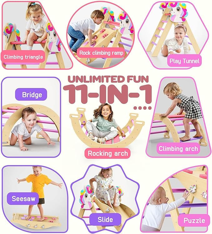 Pikler Triangle Set, 11-in-1 Montessori Climbing Toy for Toddlers, Foldable Wooden Indoor Jungle Gym & Playground Climber for Learning and Motor Skills (18 Months–7 Years)