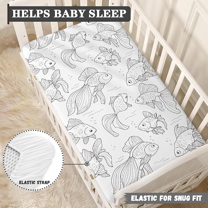 Black and White Golden Fish Fitted Crib Sheet Ocean Animals Baby Crib Sheet Fit Standard Crib and Toddler Mattress,Crib Mattress Sheets for Boys Girls 28"x52"