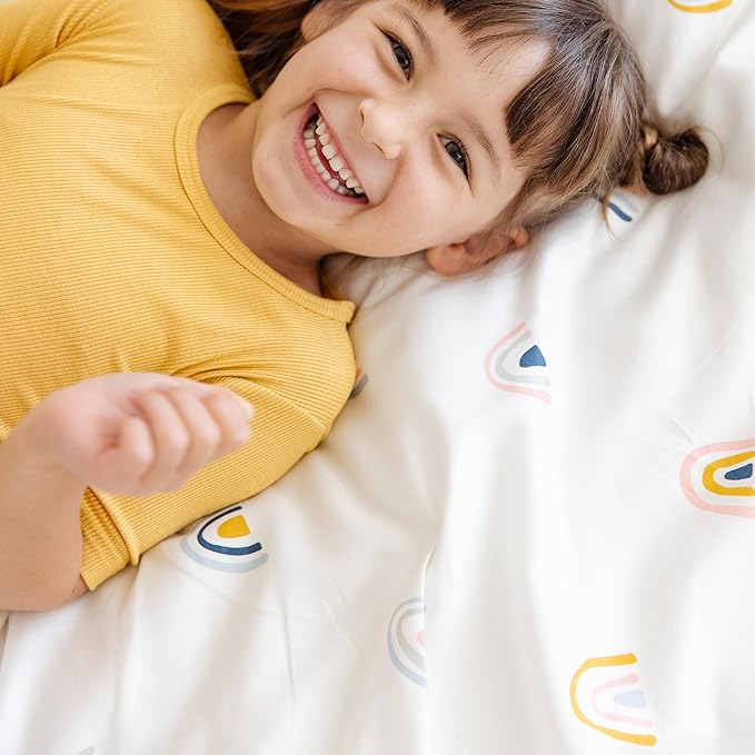 MakeMake Organics Organic Twin Fitted Sheet Set GOTS Certified Organic Cotton Fitted Sheet with 1 Pillowcase Ultra Soft Non Toxic Breathable Hypoallergenic (40"X76", Rainbow)