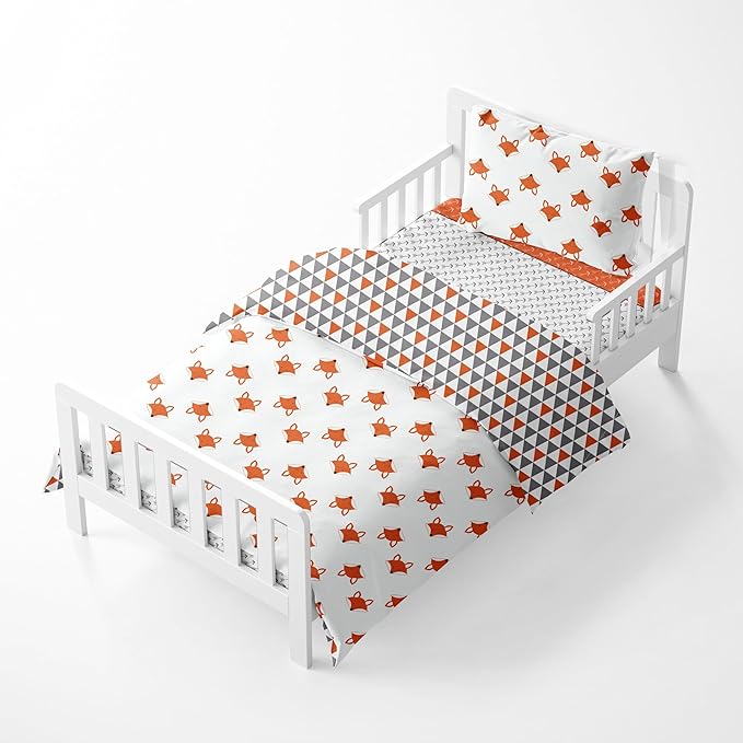 Bacati Playful Foxs 4 Piece Neutral Toddler Bedding Set, Orange/Grey 100 Percent Cotton Includes Reversible Comforter, Fitted Sheet, Top Sheet, and Pillow Case for Boys/Girls