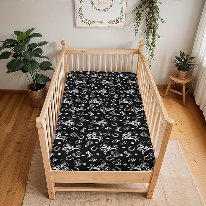 Black Western Cowboy Baby Crib Sheets for Boy Girl 52"x28" Cowboy Boots Hat Horse Cactus Soft Stretchy Fitted Crib Mattress Cover Wild West Desert Baby Sheet for Standard Crib and Toddler Mattress