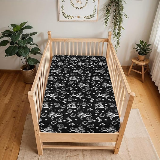Black Western Cowboy Baby Crib Sheets for Boy Girl 52"x28" Cowboy Boots Hat Horse Cactus Soft Stretchy Fitted Crib Mattress Cover Wild West Desert Baby Sheet for Standard Crib and Toddler Mattress