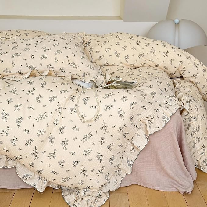 BuLuTu Vintage Floral Duvet Cover Full Bed 100% Cotton Muslin Comforter Cover Chic Shabby Hyacinth Flower Print Duvet Covers with Ruffles, 90"x79", No Pillowcases