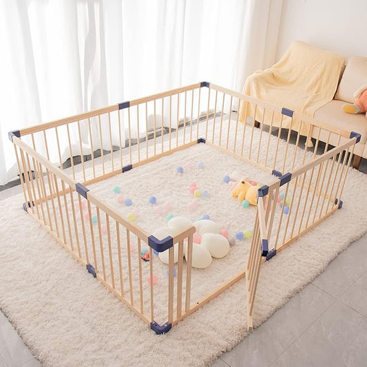Wooden Baby playpen with Door, Play Fence for Babies, Kids Safety Play Center Yard,Playpen with gate for Infants and Babies,Extra Large Playard, Anti-Fall Playpen(Natural, w/Locking Gate)