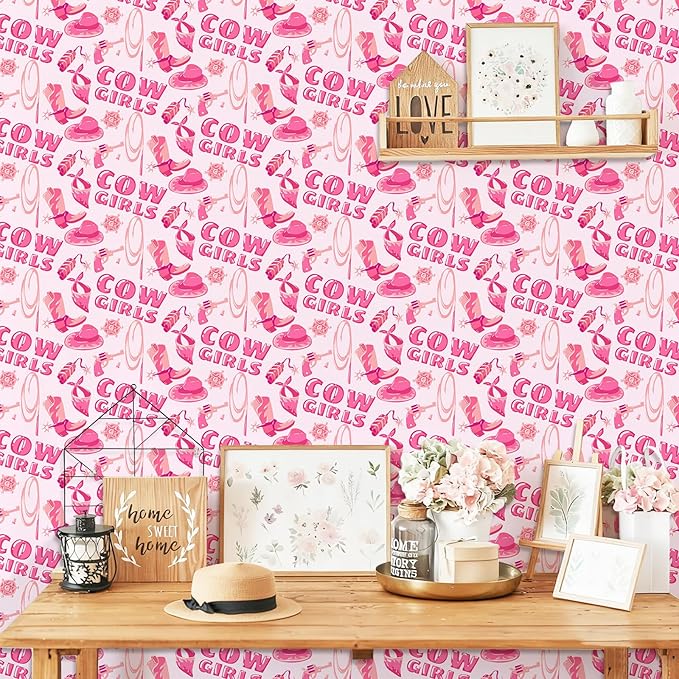 Pink Peel and Stick Wallpaper Cowgirl Contact Paper Staircase Sticker Western Theme Self Adhesive Wall Paper Hat Boots Vinyl Film Disco Cow Print Art Mural for Cabinets Bedroom Drawer 15.7"x62.9"
