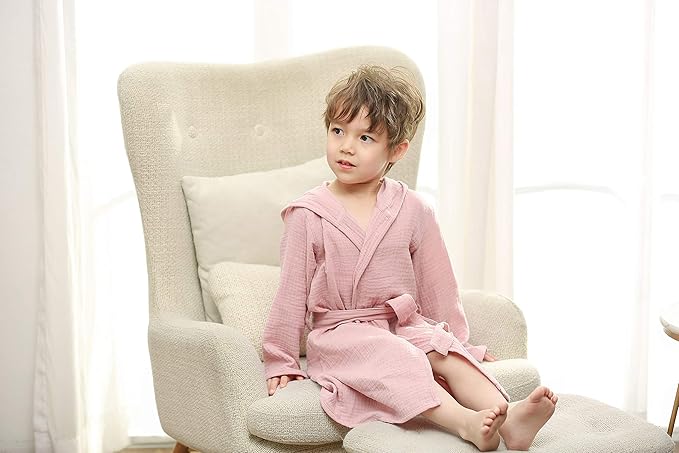 Organic Cotton Toddler Bathrobe, Soft and Breathable Baby Robe for Kid, Boy& Girl Hooded Robe Muslin