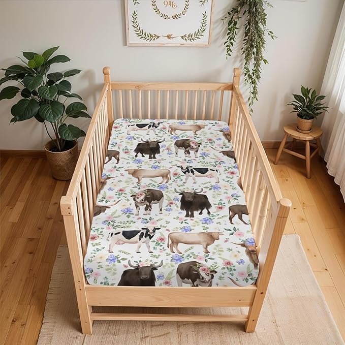 Highland Cows Boho Flowers Baby Crib Sheets for Boy Girl 52x28Inch Cows Breeds Farm Soft Snug Fitted Crib Mattress Cover Country Farmhouse Animal Baby Sheet for Crib and Toddler Bed Mattresses