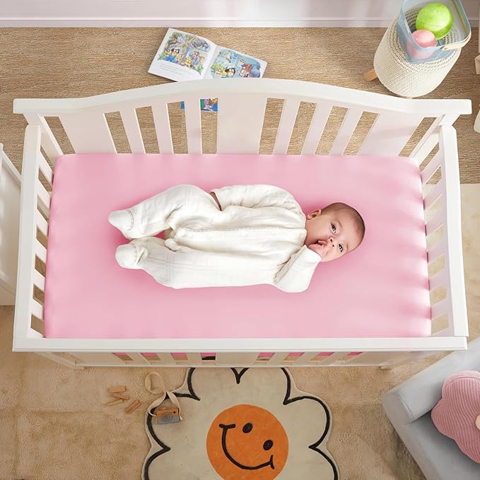 Horbaunal 2 Pack Satin Crib Sheets for Baby, 52" x 28" x 8" Silky Fitted Crib Sheets, Soft Toddler Sheet Baby Mattress Sheet, Blush Pink & White