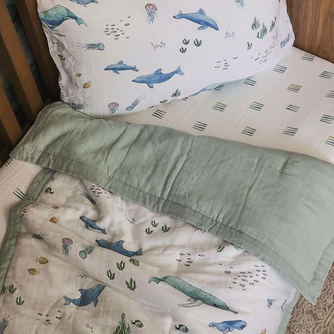 Little Unicorn Toddler Bedding 3-Piece Set | Super Soft & Breathable Muslin Fabric | for Convertible Cribs & Toddler Beds (Whales)