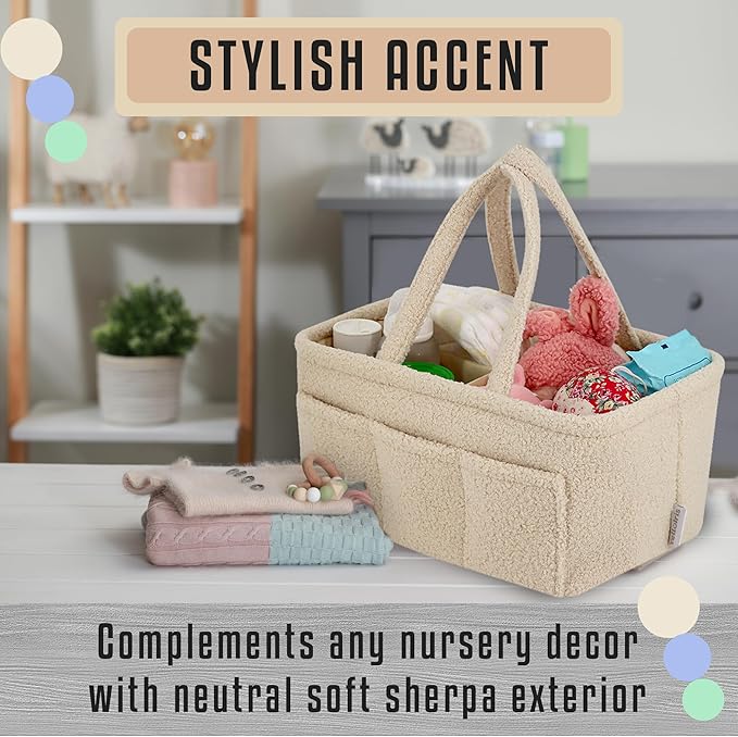 YelloIris Baby Diaper Caddy Organizer – Soft Beige Sherpa with 3 Removable Compartments & 6 Side Pockets – Perfect Nursery Storage Bin & Car Organizer for Diapers, Baby Wipes, and Essential Supplies.