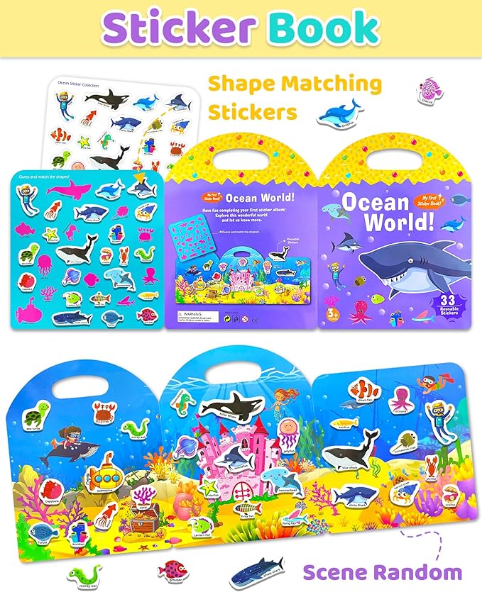 Benresive Reusable Sticker Books for Toddlers, Fun Travel Stickers for Kids, Toddler Sticker Book, Crafts Activities for Toddlers, 3 and Up Birthady Gifts - Ocean World