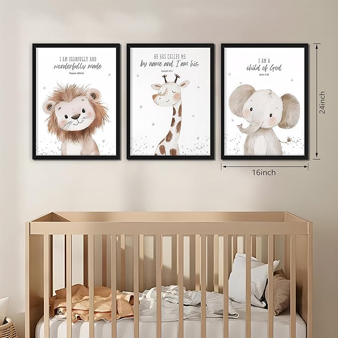 Nursery Wall Art, Kids Bible Verse Animal Canvas Wall Decor Paintings, Cute Safari Christian Pictures Posters Prints for Kids Boys and Girls Room Bedroom 16x24 Inch Wood Framed