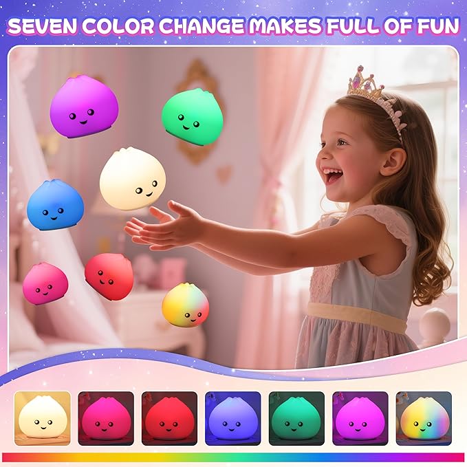loatme Night Light for Kids, Rechargeable Dimmable Silicone LED Nightlight with 7 Colors, Baby Nursery Night Lamp, Touch Squishy Lamp, Cute Gifts for Girls, Boys, Toddler Room Decor, Dumpling