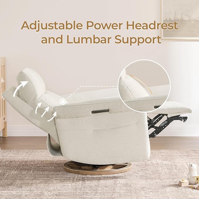 CHITA Power Recliner Chair, Electric Triple-Motor Swivel Glider Nursery Rocking Chair with Adjustable Power Headrest and Lumbar Support, Solid Wood Base, Linen