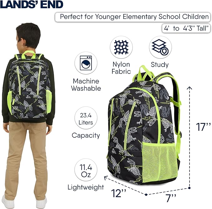 Lands' End Unisex Kids Medium ClassMate Lightweight Durable Elementary School Backpack, Black Highlight