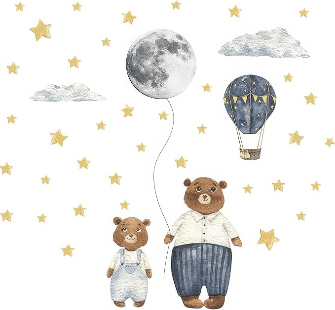 Ollaland Papa & Baby Bear Wall Decals - Peel and Stick Bears Hot Air Balloon Stars Moon Clouds Wall Stickers, Decor for Baby Nursery, Toddler & Kids Bedroom Walls (Bears)