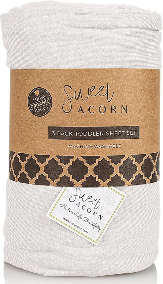 3 Piece Toddler Bedding Sets - Organic Cotton Jersey Knit - Fits Convertible Cribs and Mattresses - 9" x 28" x 52" - Salt White