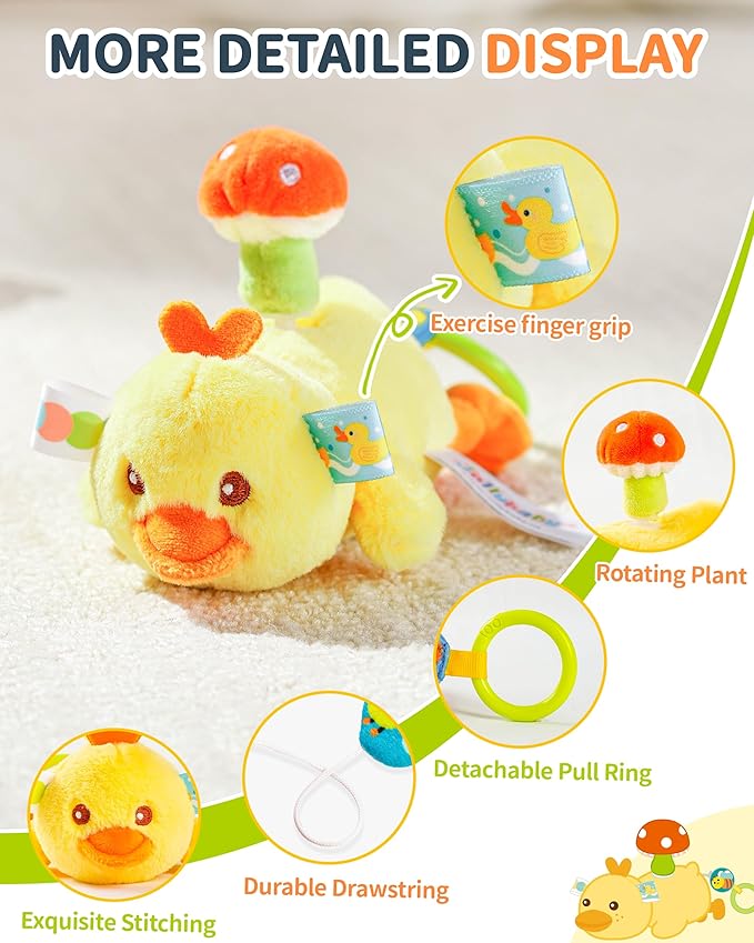 Jollybaby Baby Rattles & Soft Plush Hanging Toy for Stroller Crib car seat and Play Gym, Sensory Developmental Vibrating Toys for Newborn, Baby Christmas Stocking/Socks Stuffers Gifts - Duck