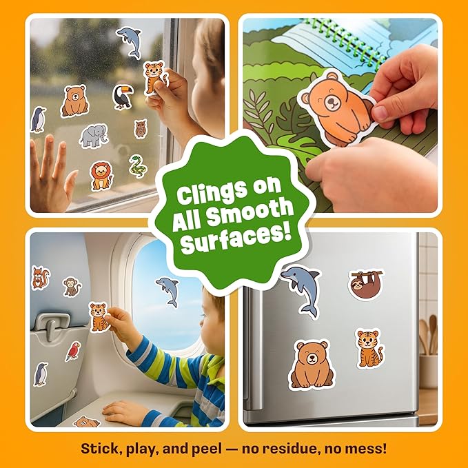 Reusable Sticker Book - Animals - 50 Jelly Stickers for Toddlers & Kids 3-5: Fun Travel Toys, Kids Travel Activities & Easter Gifts for Kids - Sticker Books for Toddlers 3 Years Old 1-3 2-4