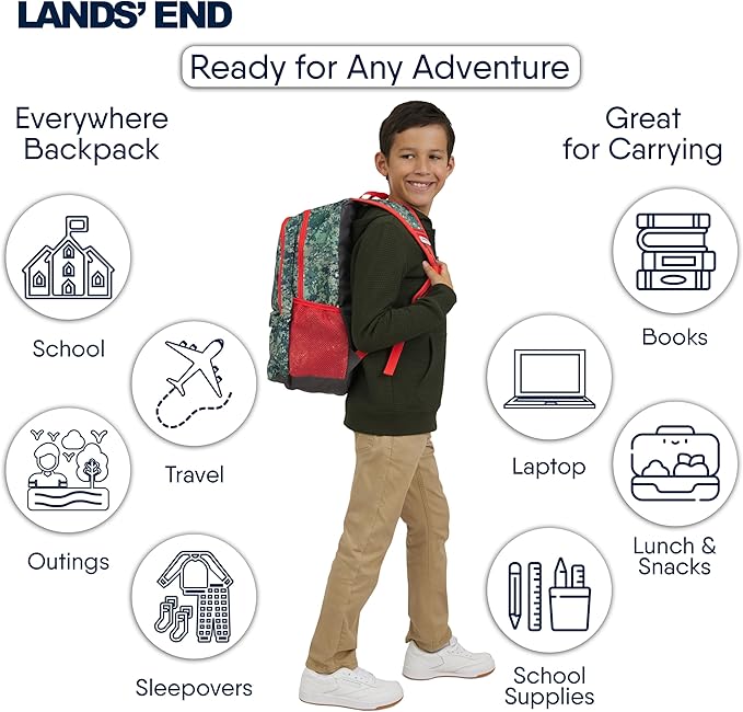 Lands' End Unisex Kids Large ClassMate Lightweight Durable Elementary School Backpack, Dusty Olive