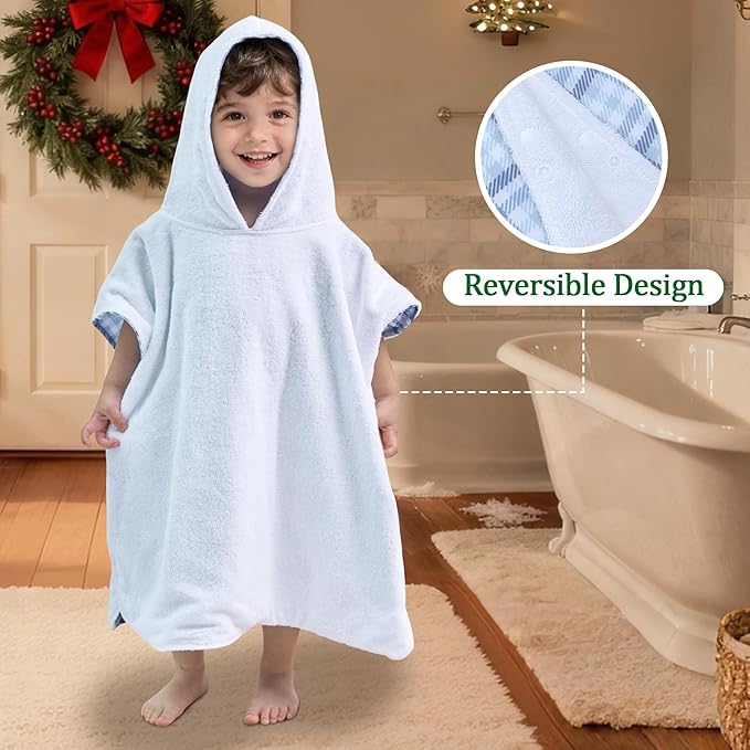 VOOVA & MOVAS Double-Layered Baby Hooded Towel Poncho (2-4 Years, 20x21 Inches) | Ultra Soft & Absorbent Cotton | Thick Toddler Bath Towel for Swimming, Beach, Shower & Winter, Blue Check
