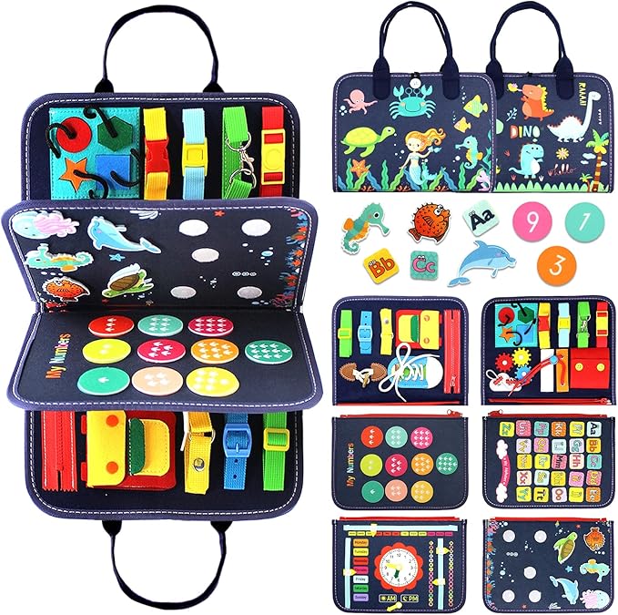 Qizfun Montessori Busy Board & Busy Book for Toddlers – Sensory & Learning Toy That Keeps Kids Busy, Travel Toy for Airplane & Car, Screen for Boys & Girls (Blue/P4)