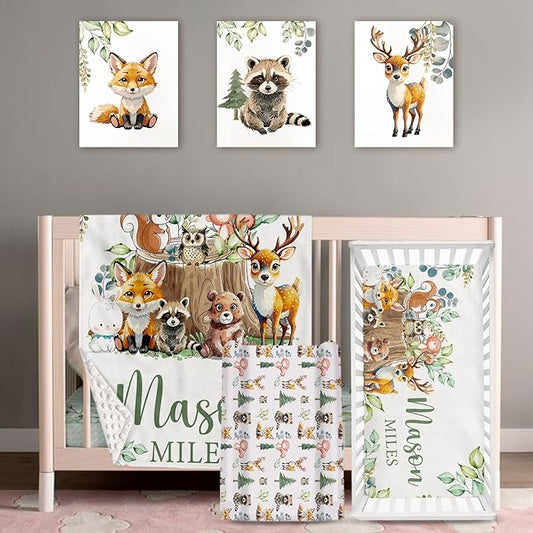 Personalized Baby Crib Bedding Set: 4 Piece Custom Gift Crib Bed Set with Name - Animal Stump Design, Nursery Bedding Set for Baby Girls,Newborn Boys Girls Crib Sets, Crib Bedding Shower Gifts