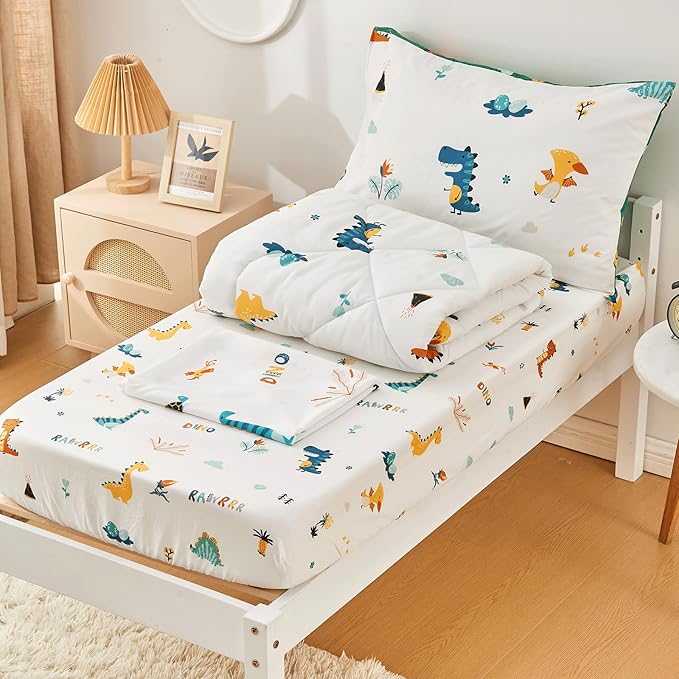 beeweed 4 Pieces Dinosaur Toddler Bedding Set Boys Girls, 2 Sides Design Bed in a Bag Comforter Set, Includes 1 Comforter, 1 Fitted Sheet, 1 Flat Sheet and 1 Reversible Pillowcase