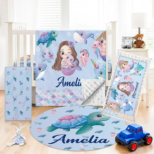 Personalized Crib Bedding Set - 4 Piece Custom Gift Ocean Animals Crib Bed Set with Name, Soft Double Layer Blanket Set for Infant Baby Girl, Nursery Bedding Set for Toddler Boys