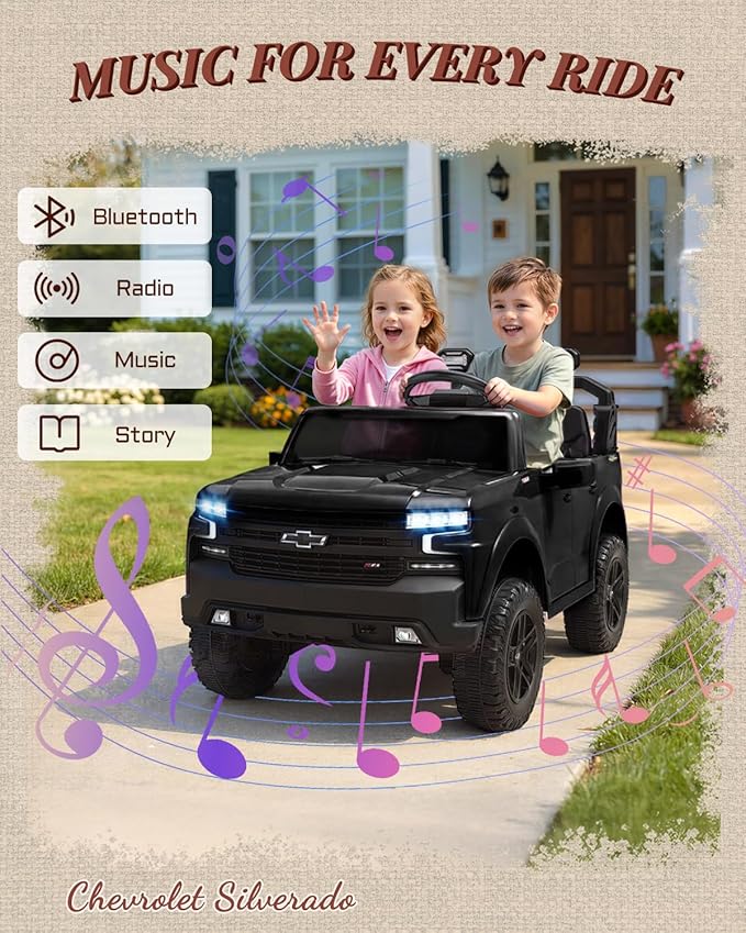 First Ride On 24V 2 Seater Ride on Toys Licensed Chevrolet Silverado, Electric Vehicle with Remote Control and Seat Belts, Electric Ride On Truck wtih Trunk, Bluetooth and LED Lights (Black)