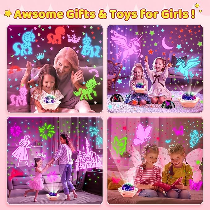 Onefire Christmas Gifts for Girls, 6 Films Light Projector Unicorn Toys for Girls Age 4-6, Rechargeable Night Lights for Bedroom, 360° Rotating Butterfly Decor Mermaid Gifts Princess Baby ToddlerToys