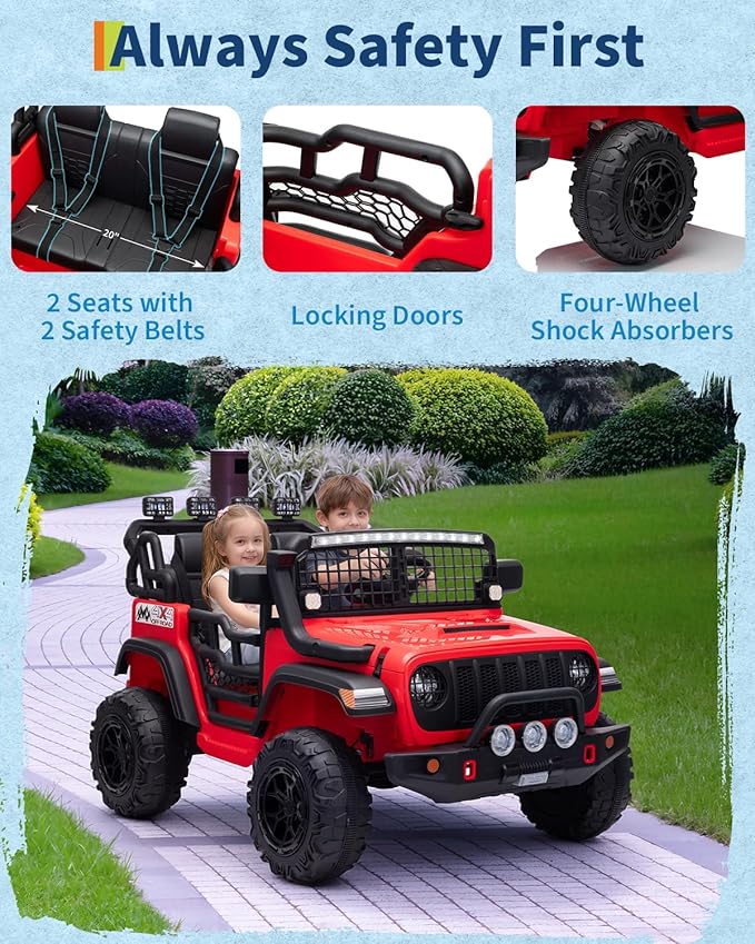 2 Seats 24V Kids Electric Ride on Car with Remote Control, 20" Large Seat with 2 Safety Belts, Two 200W Battery Powered Electric Vehicle for 3+ Years, LED Light, Music,Horn,USB Port, Riding Toy, Red