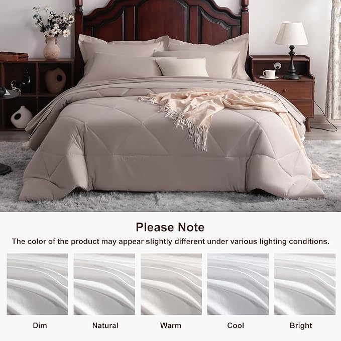 NTBAY Queen Comforter Set with Sheets, 7 Pieces Soft and Breathable Queen Bedding Set, Bed in a Bag, Down Alternative Comforter Set Solid Color All Season, Queen Bedding Set, Taupe