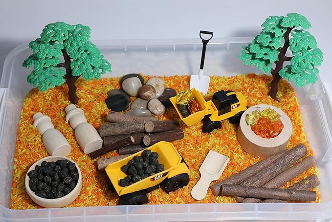 Construction Sensory Bin Kit for Kids – Taste-Safe Rice, Realistic Rocks & Logs, Durable Wooden Tools & Vehicles – Includes Storage Bin – Montessori-Inspired Sensory Play