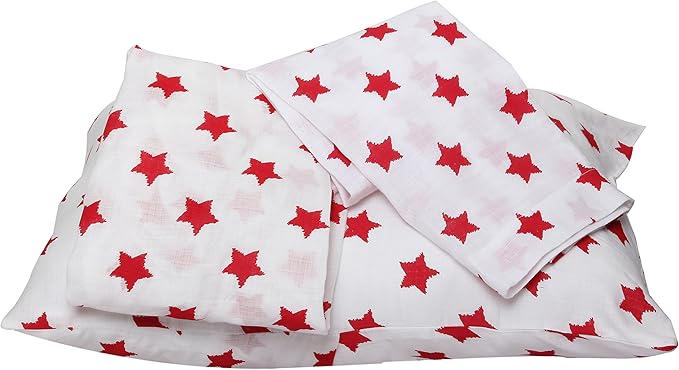 Bacati - Muslin Ikat Stars 4 Piece Boys Toddler Bedding Set 100 Percent Cotton Includes Reversible Comforter, Fitted Sheet, Top Sheet, and Pillow Case (4 pc Toddler Bedding Set, Red Stars)