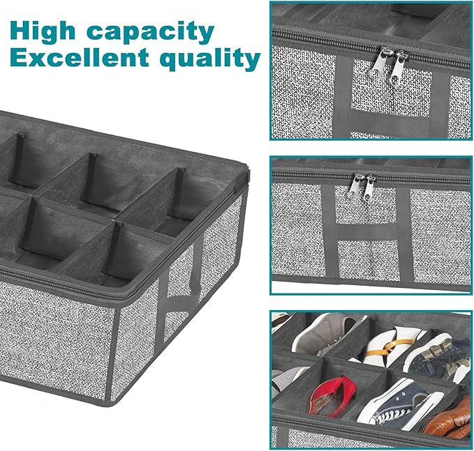 Meerainy Under Bed Shoe Storage Organizer for Closet 2 Pack- Fits 24 Pairs Underbed Shoes Rack Container Boxes with H Shap Sturdy Handles and Clear Window,Foldable Shoe Rack Holder,Grey
