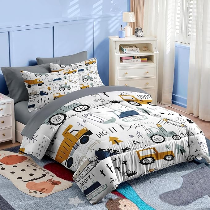 Nesker 4 Pcs Comforter Set Toddler Size, Construction Vehicles Bedding for Kids Teen, Cargo Crane Bulldozer Excavator Bed Sheet with Pillowcase & Sham