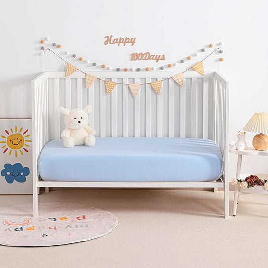 NTBAY 2 Pack Muslin Cotton Mini Crib Sheets, Soft and Breathable Double Layer 24x38 Baby Crib Sheets for Mini Crib and Toddler Mattresses, Boys, Girls, Unisex, Aqua, 24x38 Inches