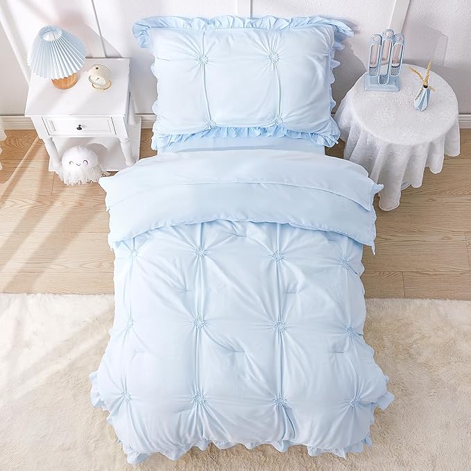 Wowelife Boho Tufted Toddler Bedding Set for Girls, 4 Pcs Ruffle Floral Crib Bed Sheets Set, Jacquard Embroidery Toddler Comforter Set Includes Comforter, Fitted Sheet, Top Sheet and Pillowcase, Blue