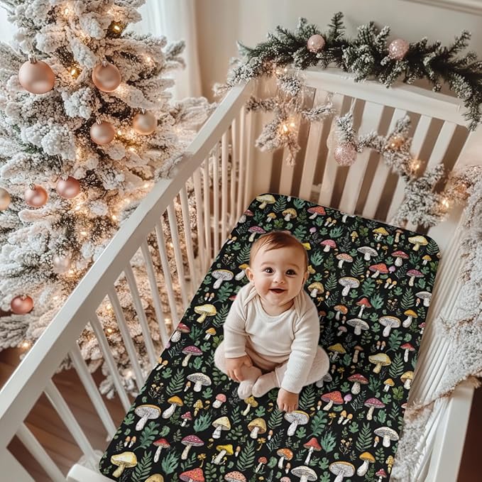 Colorful Mushrooms Green Leaves Baby Crib Sheets for Boy Girl 28"x52" Fall Mushroom Soft Stretchy Fitted Crib Mattress Cover Autumn Baby Sheet for Standard Crib & Toddler Mattress Pad