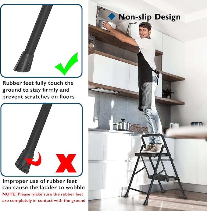 BONTEC 2-Step Ladder, Folding Step Stool, 600lbs Max Load Capacity, Sturdy Steel, Non-Slip Pedals, Lightweight, Portable Steel Ladder with Convenient Handrail, Safety Design for Home & Work, Black