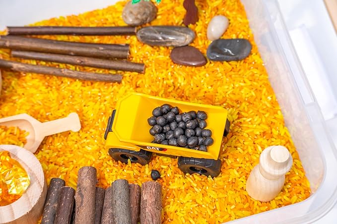 Construction Sensory Bin Kit for Kids – Taste-Safe Rice, Realistic Rocks & Logs, Durable Wooden Tools & Vehicles – Includes Storage Bin – Montessori-Inspired Sensory Play