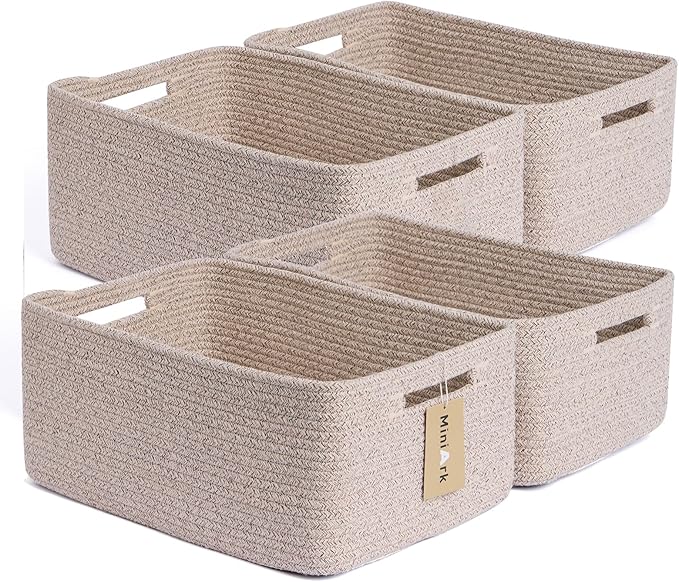MiniArk Large Storage Baskets for Organizing, Closet Shelf Baskets for Clothes Blanket Towels, Baby Nursery, Toy Bins Box, Woven Rope Baskets, 17 x 13 x 7.5”, 4 Packs Mixed Brown