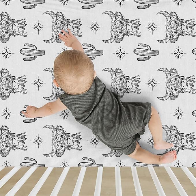 Boho Western Cow Cactus Baby Crib Sheets for Boy Girl 52x28Inch Black and White Highland Yak Soft Stretchy Fitted Crib Mattress Cover Wild West Animal Baby Sheet for Crib and Toddler Bed Mattresses
