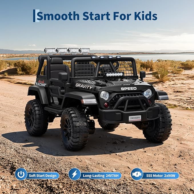24V 2-Seater Kids Electric Truck with Parent Remote Control, 100Min Ride-on Car, 4WD Dual Motor, 2 Speeds, Spring Shock Absorber, LED Headlights, Siblings Gift Kids Electric Vehicle, Black