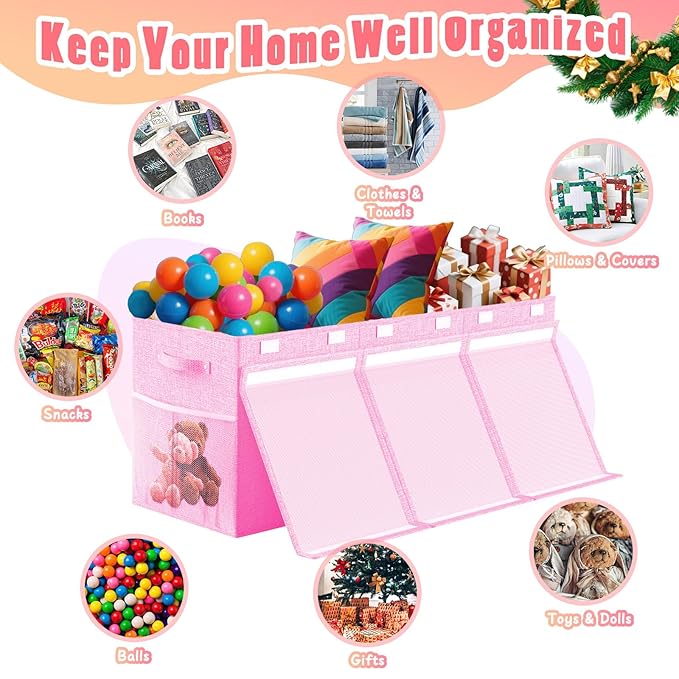 Beadsky Extra Large Toy Box Toddlers Chest with Lids, Collapsible Sturdy Toy Storage Organizer, Kids Bin Boxes Storage Basket for Boys, Girls, Nursery, Living Room, Playroom, 40"x14"x16" (Pink)
