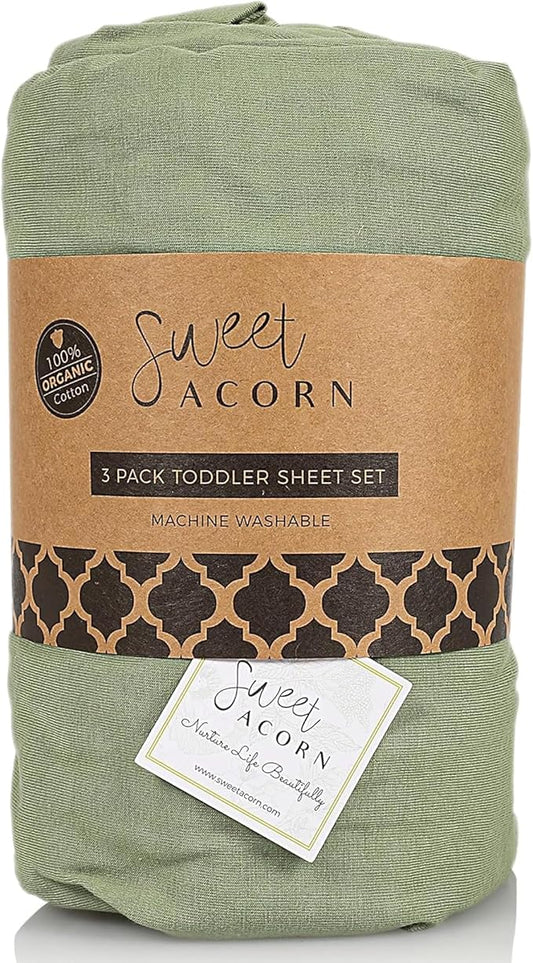 3 Piece Toddler Bedding Sets - Organic Cotton Jersey Knit - Fits Convertible Cribs and Mattresses - 9" x 28" x 52" - Juniper Green
