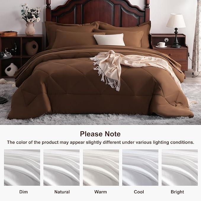 NTBAY Queen Comforter Set with Sheets, 7 Pieces Soft and Breathable Queen Bedding Set, Bed in a Bag, Down Alternative Comforter Set Solid Color All Season, Queen Bedding Set, Brown