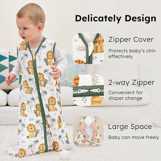 Baby Sleep Sack 12-18 months, 100% Cotton Sleeping Sack for Toddler, 3 Pack Baby Wearable Blanket, 0.5 Tog Lightweight Double Zipper Sleep Bag Large Brown Green Lion